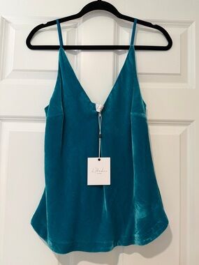 NWT L'Academie Teal Velvet V-Neck Camisole with Spaghetti Straps